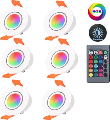 Produktbild von 6 Stück 3W RGB LED Einbaustrahler Dimmbar Fernbedienung,Deckenspots Schwenkbar 16 Lichtfarben 4 Modi,LED Spots Einbauleuchte Flur Spielzimmer