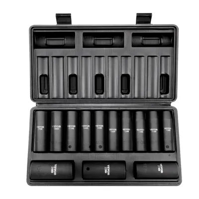 Image de VEVOR Jeu de clés à douilles professionnelles en acier allié CR-V Jeu de 13 clés à douilles de 10 à 24 mm de profondeur Clé à chocs, HRC 42-48 Clé à douilles y compris coffret à outils, extracteur de vis métrique