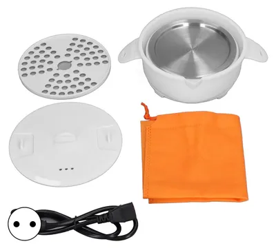 A collection of parts for an electric cooking pot, including the pot itself, a steaming rack, a lid, a storage bag, and a power cord.