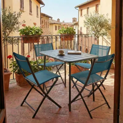 Produktbild von VCM 5-teilig Balkonmöbel Set, Gartentisch 80x55 cm mit 4 Klappstühlen, Metall & Textilene, wetterbeständig, platzsparend für Balkon & Terrasse, Sumila