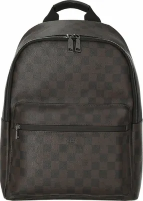 A front view of a brown checkered backpack on a white background.