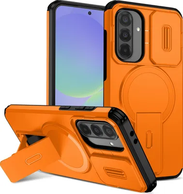 A product shot of an orange phone case with a kickstand and camera cover, displayed from multiple angles.