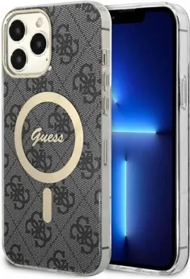 A close-up of a smartphone case with a Guess logo and pattern, placed next to a smartphone.