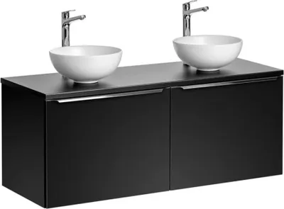 Image de Ensemble de salle de bain VANTA : meubles sous vasque 120cm + plan pour vasque + 2 vasques blanches à poser
