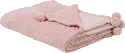 A folded pink blanket with pom-poms on a white background.