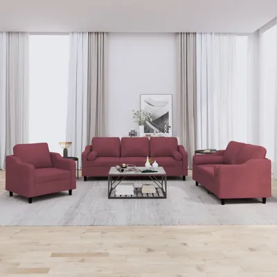 Produktbild von Design 3-tlg. Sofagarnitur mit Kissen Weinrot Stoff, Schlafsofas 2024 Neu