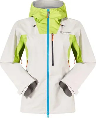 Wasserdichte Ridge-Seeker Jacke von Berghaus in hellgrau mit grünen und blauen Akzenten; geeignet für Damen.
