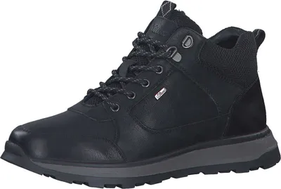 A black men's boot is shown against a white background.