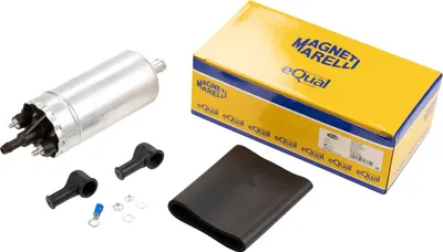 A fuel pump and its accessories are laid out on a white background next to its packaging.