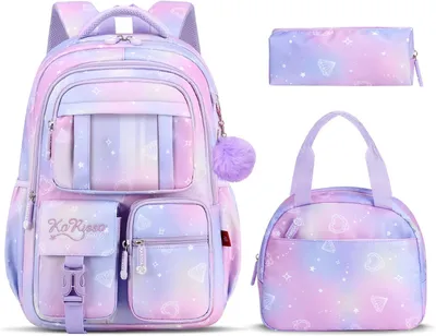 Produktbild von Schulranzen Set, 3-teiliger Rucksack mit Lunchtasche und Federmäppchen, für Grundschule, lila