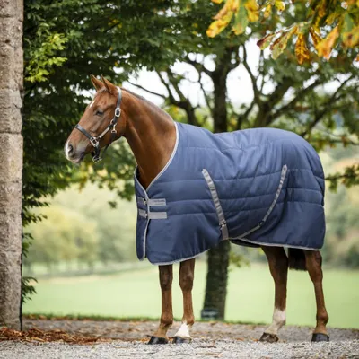 Immagine prodotto di Coperta da stalla Horseware, taglia 165 - Modello Rambo Stable, 400 grammi - Colore blu navy/grigio temporale e argento