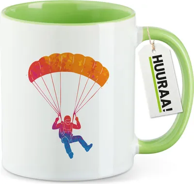 Produktbild von Huuraa Kaffeetasse Fallschirmspringen bunte Silhouette 330ml Grün Keramik Kaffeebecher Geschenkidee