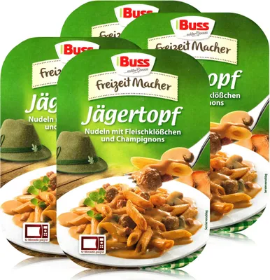Produktbild von Buss Jägertopf Nudeln mit Fleischklößchen 300g - Fertiggericht (4er Pack)