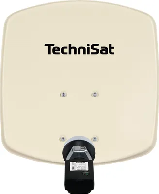 A satellite dish with a logo and some text.