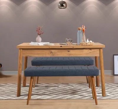 Produktbild von Skye Decor, Santiago 1048 - Atlantic Pine, Dark Blue, Ausziehbarer Esstisch und Bank-Set (3-teilig), Atlantische Kiefer, 100 % MELAMINBESCHICHTETE SPANPLATTEN, 75 x 120 x 75 cm