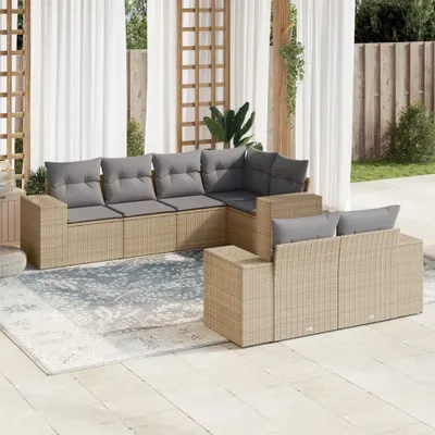 Produktbild von Design 7-tlg. Garten-Sofagarnitur mit Kissen Beige Poly Rattan, Gartenmöbel-Sets 2024 Neu