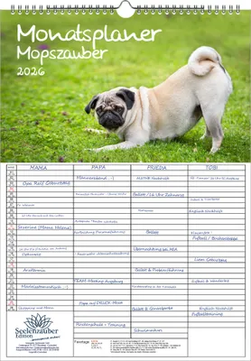 Produktbild von Mopszauber Planer Familienplaner 4 Spaltenplaner DIN A3 Kalender für 2026 Mops Hunde und Welpen - Seelenzauber