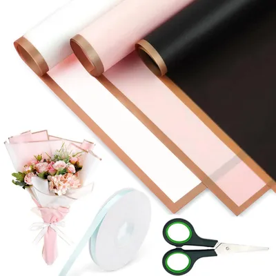 Produktbild von Blumenstrauß Geschenkpapier 30 Blatt mit Band und Schere 58x58cm Weiß Schwarz Rosa