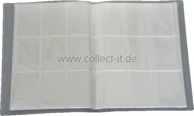 An open binder with clear plastic sleeves for collecting cards.