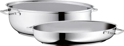 Two shiny stainless steel pots are shown on a white background. The larger pot is in the background and the smaller pot is in the foreground.