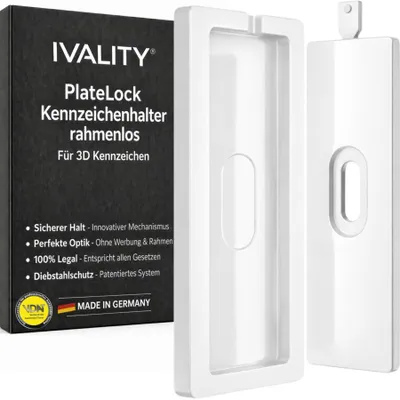 Produktbild von IVALITY PlateLock Kennzeichenhalter rahmenlos diebstahlgeschützt für 2 Kennzeichen - Für 2x 3D Kennzeichen, Weiß