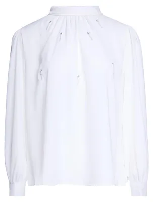 Produktbild von Damen Satin Bluse mit Stehkragen, langen Ärmeln und Perlen-Strassdetails, weiss, Gr. S