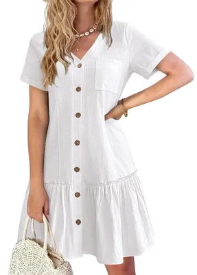 Produktbild von Knielanges Sommerkleid - V-Ausschnitt - Kurze Ärmel - A-Linie - Lässig - Holzknöpfe, Brusttasche - Sommeroutfit