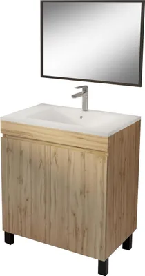 Image de Meuble de salle de bains 70cm TIMBERReproduction Chêne Naturel à Portes Vasque Blanche et Miroir 70x50