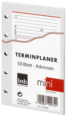 Produktbild von BSB Ersatzeinlage Adressen und Kontakte, ca. A8, 5-Fach Lochung, Mini Terminplan