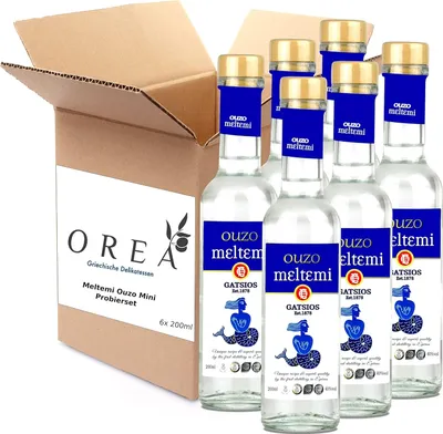 Produktbild von Ouzo Probierset | Geschenkset 6x 200ml mit Anis im OREA Geschenkkarton