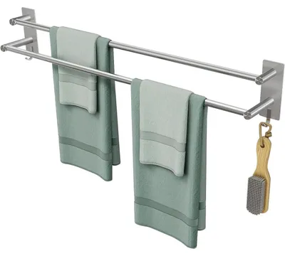 Image de Porte-serviettes sans perçage, en acier inoxydable SUS304, double barre de 80 cm, avec 2 crochets, adhésif