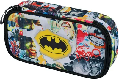 A close-up, front-facing view of a Batman-themed pencil case with a collage of comic book imagery.