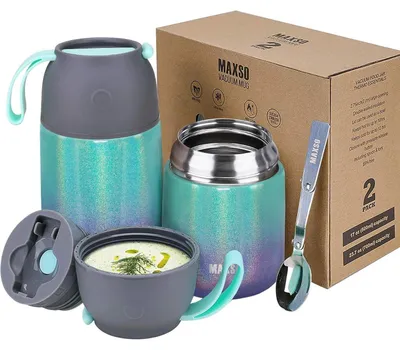Productafbeelding van Voedselverwarmers van roestvrij staal, 500 ml en 2 x 700 ml, met lepel, set van 2, in regenboogkleuren