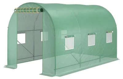 Obrázek produktu pro Skleník, 350 (d) x 200 (š) x 200 (v) cm, ocel s práškovým nástřikem, vodotěsná PE fólie, klenutá střecha, 6 oken