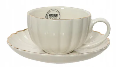 Produktbild von Tasse mit Untertasse Porzellan mit Griff 6cm gerillt Creme Weiß