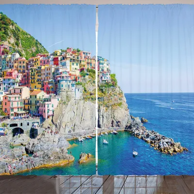 Produktbild von ARANDE Vernazza Gardine, Schönes Foto von bunten Küstendorf Touristische Attraktion Punkt in Italien, 280 x 175 cm, Mehrfarbig