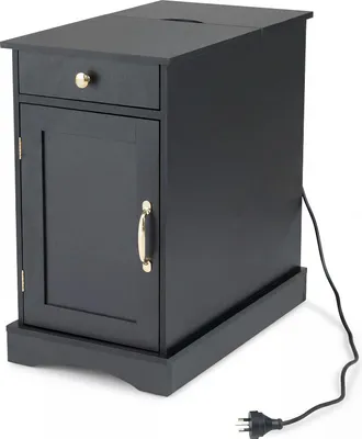 Image de Table d'appoint COSTWAY avec station de recharge, table de chevet avec étagère réglable, armoire, tiroir et plateau, table de chevet en bois, table basse, noir