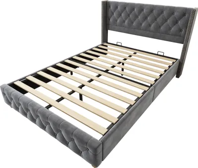 Obrázek produktu pro okwish Čalouněná postel dvoulůžko 160×200 cm s roštem a čelem, knoflíkové prošívání, nýtování, samet, šedá, bez matrace