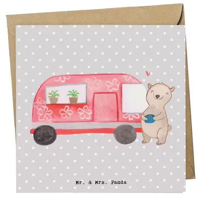 Produktbild von Mr. & Mrs. Panda doppelkarte Bär Camper - Grau Pastell - Geschenk, Roadtrip, Wohnmobil, Urlaub, faltkarte, Klappkarte, Glückwunschkarte, Zelten, Campingplatz, anlasskarte
