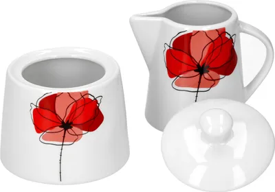 A white sugar bowl and creamer set with a red poppy design.