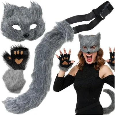 Productafbeelding van Katten-/voskostuum - masker, staart, pootjes, grijs