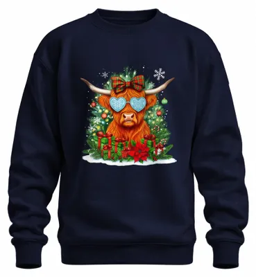 Produktbild von Highland Kuh Weihnachten Schleife Schottisches Hochlandrind Sweatshirt Pullover, Navy, XXL