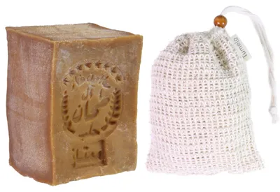 Produktbild von TUMELO Original Aleppo Seife 200g 90% Olivenöl 10% Lorbeeröl + Sisal Seifensäckchen, handgemachte Olivenölseife Naturseife