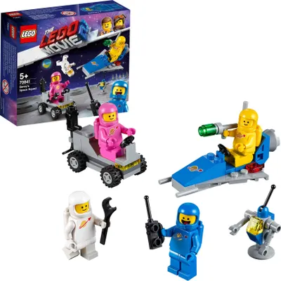 A collage of LEGO minifigures and vehicles from The LEGO Movie 2.