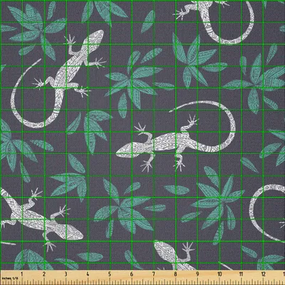 Image de ABAKUHAUS Tissu microfibre Gecko vendu au mètre, reptiles dessinés à la main avec motif bohème et motif de feuilles, 1 m (230 x 100 cm), bleu foncé, gris, blanc