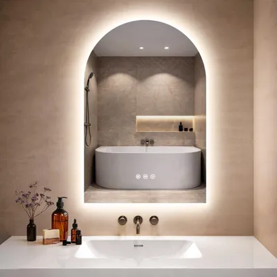 Produktbild von GIMBELEN LED-Badspiegel, gewölbt, 50 x 75 cm, 3 Lichtfarben, dimmbar, Touch-Schalter, beschlagfrei, Silber