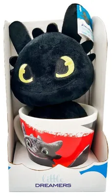 Produktbild von Tasse „Drachenzähmen leicht gemacht - Ohnezahn“ und 18 cm großes Plüschtier