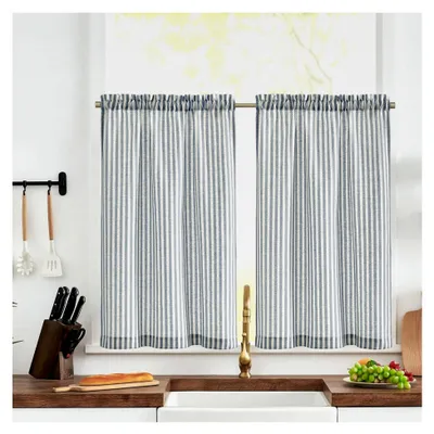 Produktbild von Gestreifte Scheibengardinen für die moderne Küche in Blau, 2er Set, 65Bx60H cm, Leinenoptik, lichtdurchlässige Kurzstores für Wohnzimmer und Schlafzimmer