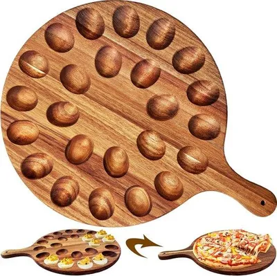 Image de Plat rond pour œufs - 36 × 30 cm - Avec poignée - Bac à œufs à 24 alvéoles - Convient pour le plan de travail ou le réfrigérateur - Plateau polyvalent - Idéal pour les fêtes, Pâques, la présentation de fromages ou de charcuteries - Marron