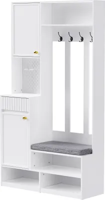 Obrázek produktu pro okwish Šatní skříň s dveřmi a zásuvkami, předsíňová sestava se sedací lavicí, nástěnný věšák se 4 háčky, bílá